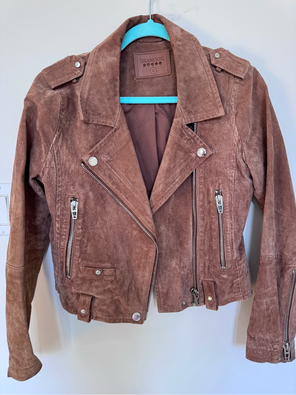 Blank NYC Brown Suede Moto Jacket with Silver Hardware